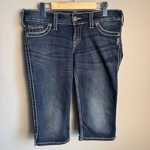 Silver Jeans Co McKenzie Crop Dark Wash Denim Capris W30 Contrast Stitch Boho